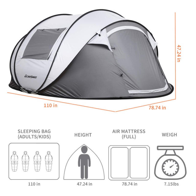 EchoSmile Instant Pop Up Camping Tent, 2/4/6 Person, Easy Setup Tent, Water Resistant Dome, Portable with Carry Bag - Image 3